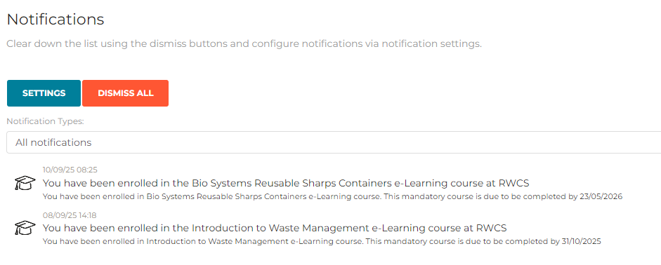Learning centre - notifications main window